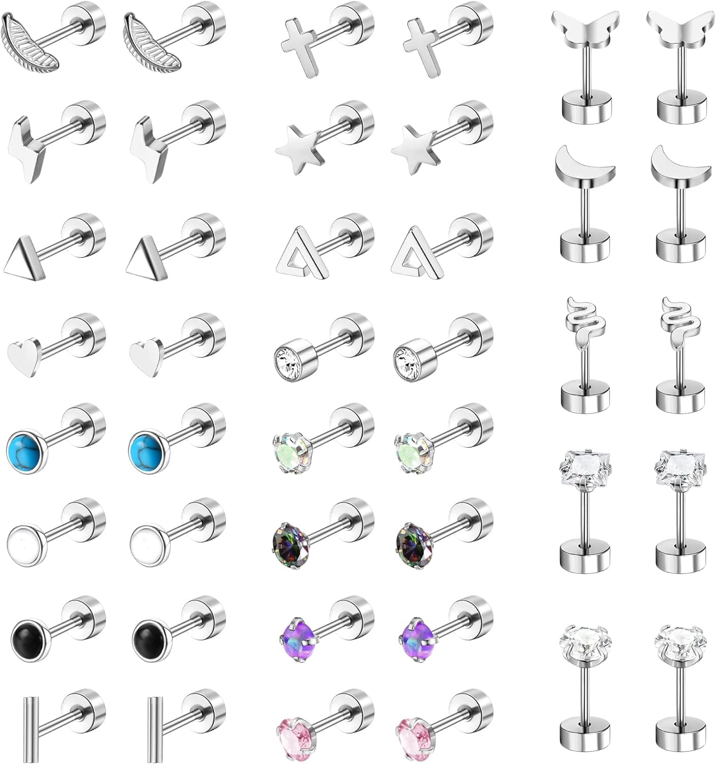 UMEHOME 25 Pairs Surgical Steel Stud Earrings For Women Multipack Cartilage Earring Opal Moonstone Turquoise Butterfly Flower Star Flat Back Earrings Silver[Z896]