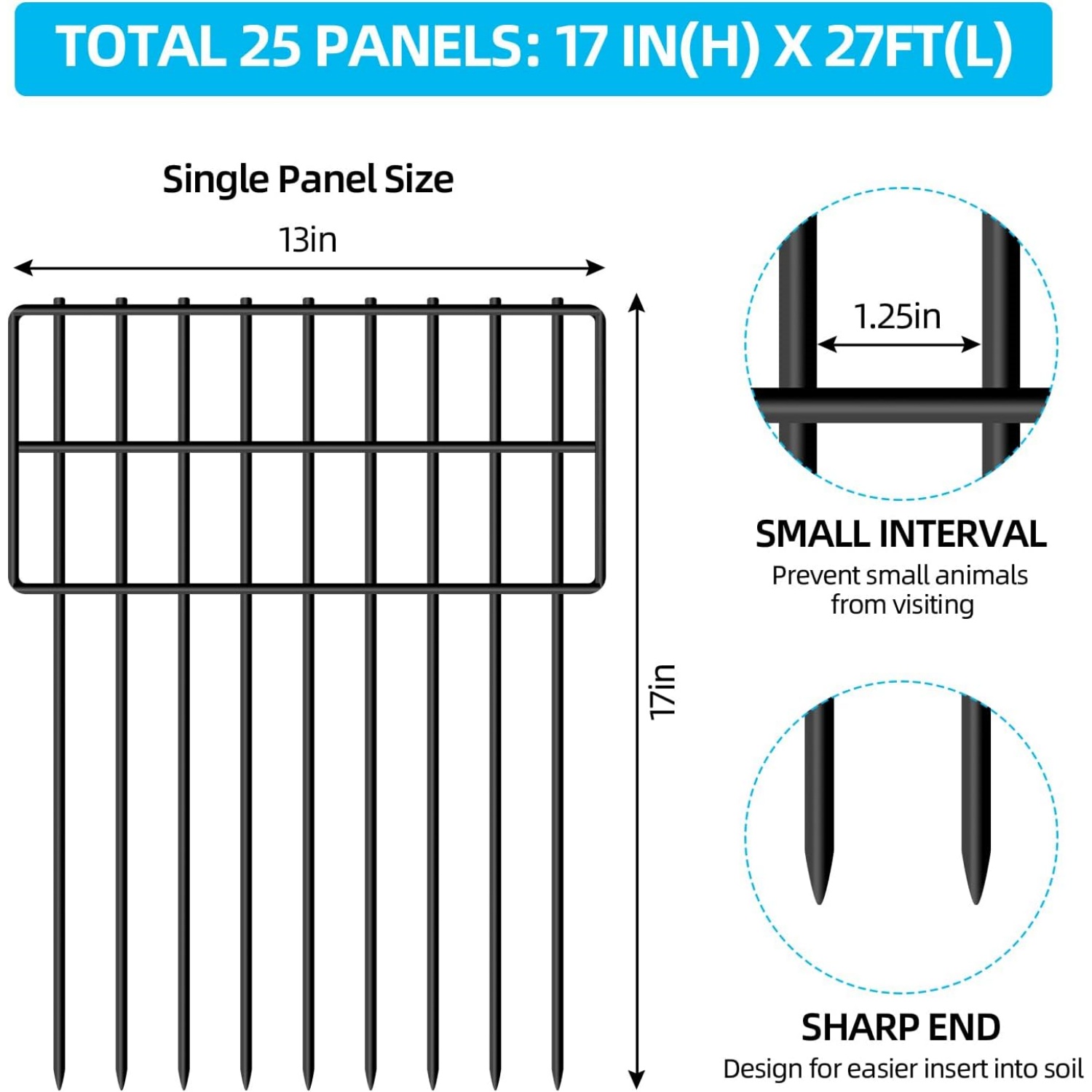 25 Panels Garden Fencing Animal Barrier, 17in (H) X 27ft (L) Dog Dig ...