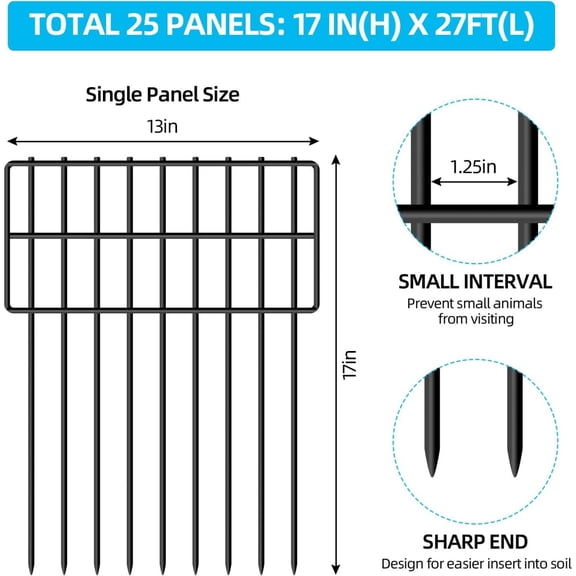 25 Panels Garden Fencing Animal Barrier, 17in (H) X 27ft (L) Dog Dig Fence Barrier, 1.25in Gap Rustproof Metal Stakes Decorative Garden Fence, Ground Defense Border Fence for Outdoor, Yard, Patio