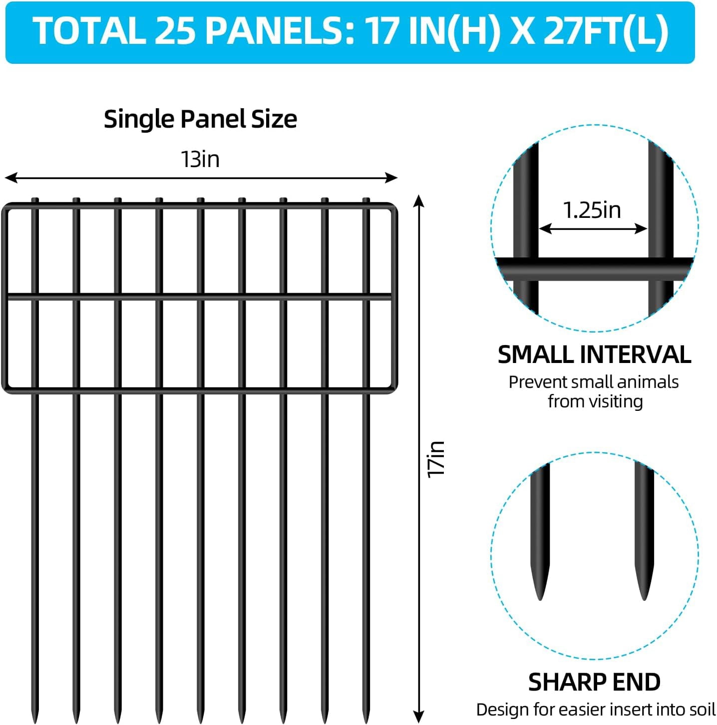 25 Panels Garden Fencing Animal Barrier, 17in (H) X 27ft (L) Dog  Fence Barrier, 1.25in  Rustproof Metal Stakes Decorative Garden Fence