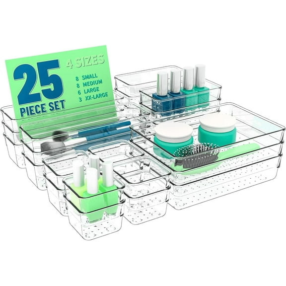 25 Pc Clear Plastic Drawer Organizer Set,4 Sizes In Drawer Organizer Trays for Bathroom,Office,Kitchen Cabinet and Vanity Organizers,Desk Drawers Organizer Bin for Jewelry,Cosmetic,Utensil,Junk