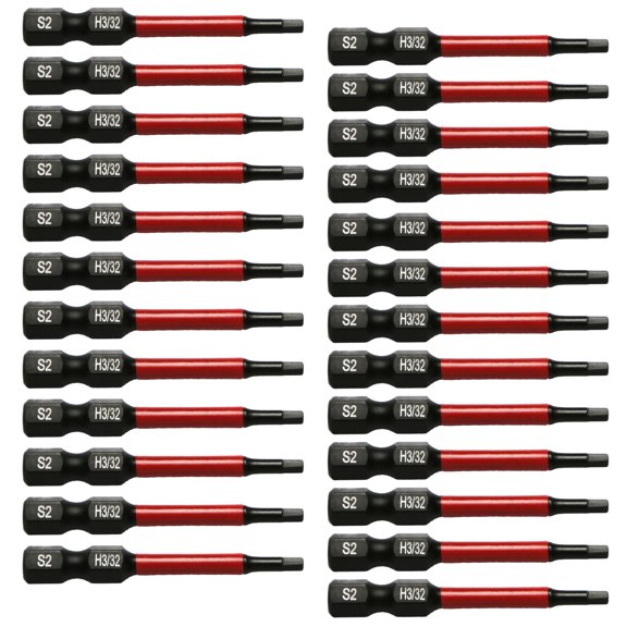 25 Pc H3/32 H-3/32 inch Hex Head Allen Wrench Black High Torque Impact Screwdriver Insert Bits Set S2 Steel Torsion Resistant, 2 inch Long, 1/4 inch Hex Shank