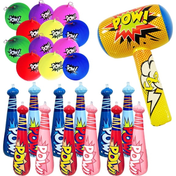 4E's Novelty 25 Piece Set Inflatable Baseball Bats With Pow Design, 12 Punch Balloons For Kids, Super Hero Birthday Bat
