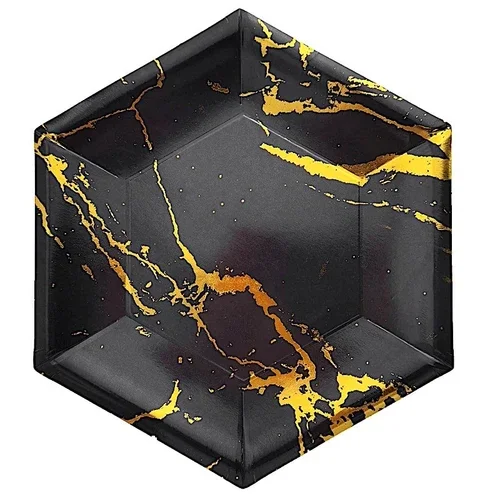 25 Pcs 12" Black Gold Hexagon Paper Dinner Plates Marble Design Tableware