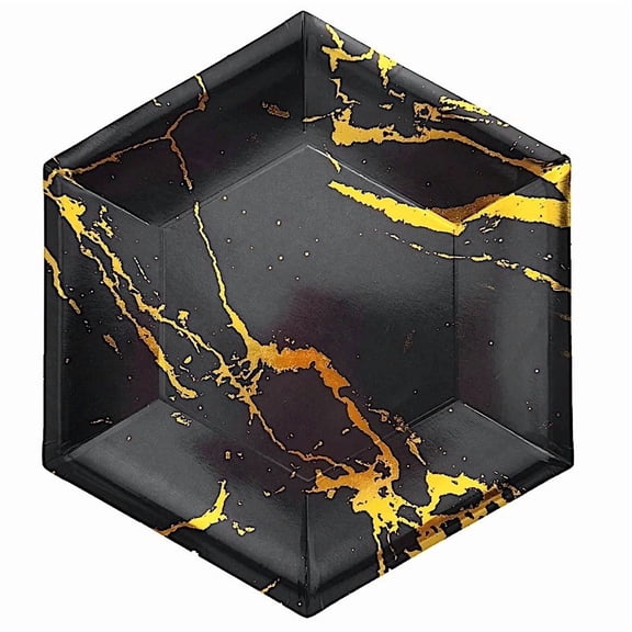 25 Pcs 12" Black Gold Hexagon Paper Dinner Plates Marble Design Tableware