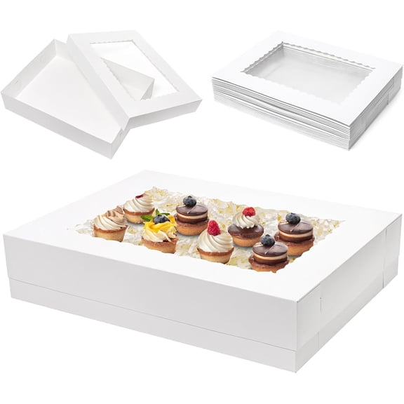 25 Pcs 19x14x5 Inch Half Sheet Cake Boxes with Window White Rectangle Bakery Packaging