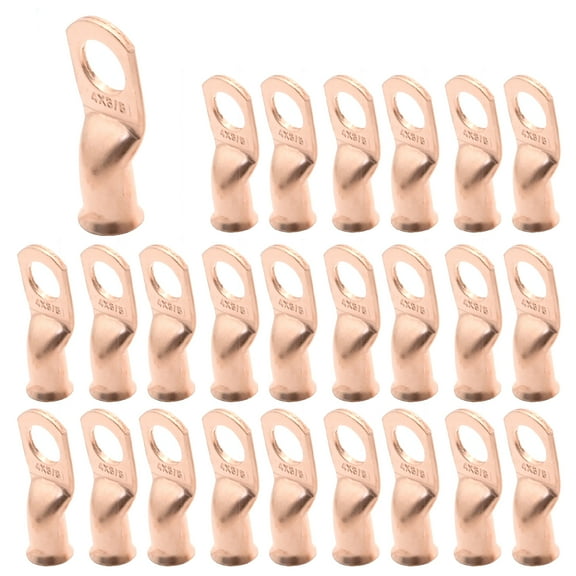 25 Pcs 4 AWG Heavy Duty Battery Cable Ends, Copper Wire Lugs with Ring Terminals, Bare Copper Eyelets