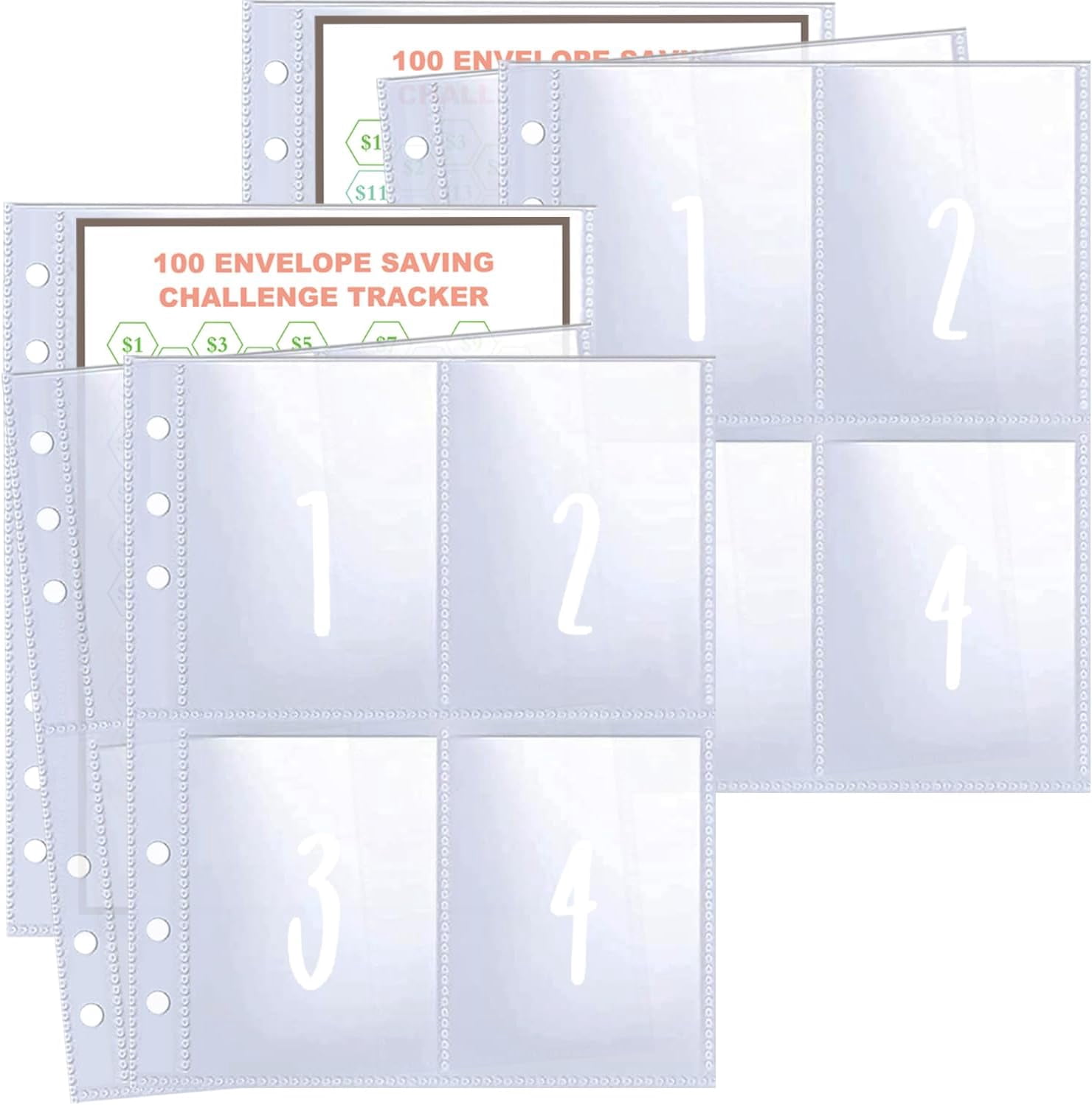 25 Pcs 4 Pocket 100 Envelopes Money Saving Challenge Sleeves and Tracker Sheet Protector, Fit for 6 Ring A5 Binder, Pre-Printed 1~100 Numbers Money Pockets Refill Pages,Top Loading Currency Pages