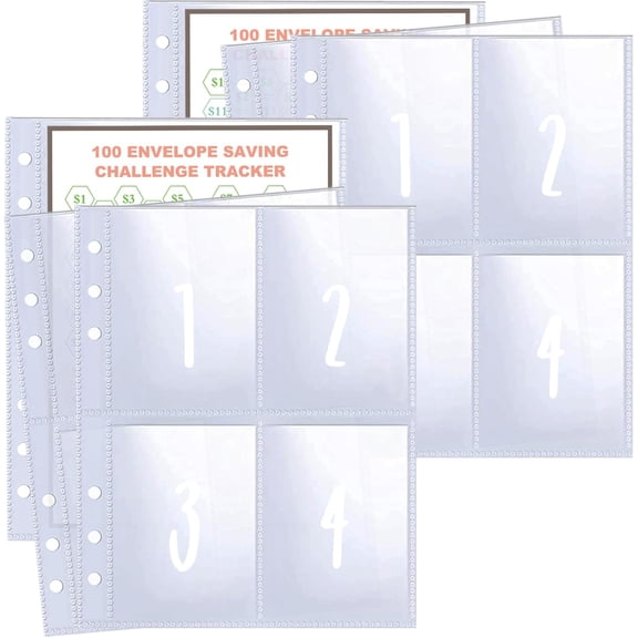 25 Pcs 4 Pocket 100 Envelopes Money Saving Challenge Sleeves and Tracker Sheet Protector, Fit for 6 Ring A5 Binder, Pre-Printed 1~100 Numbers Money Pockets Refill Pages,Top Loading Currency Pages