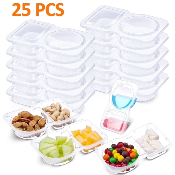 25 Pcs 5 oz 2 Compartment Snack Container with Lids Clear 2 Compartment Small Disposable Plastic Snack Box Container for Sauce Salad Travel Sampling