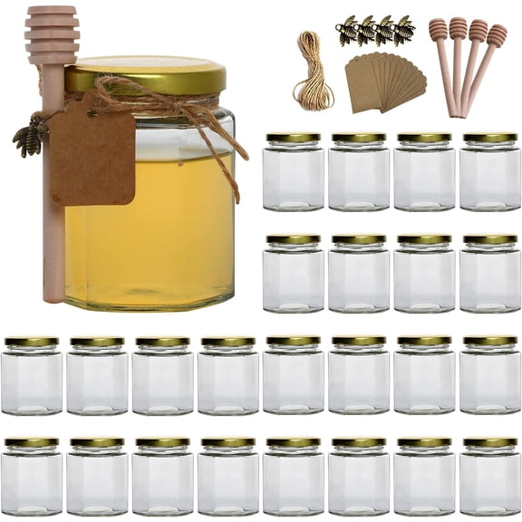 25 Pcs 6 oz Hexagon Glass Honey Jars with Gold Lids
