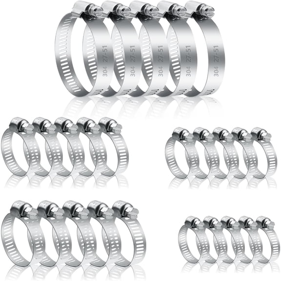 25 Pcs Adjustable Stainless Steel Hose Clamps Assortment, 1/4-2 in (6-51mm) Metal Pipe Clampss, Heavy Duty Automotive Worm Gear Hose Clamps for Plumbing Garden Home Washing Machine, etc