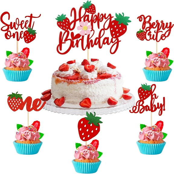 25 Pcs Berry First Birthday Decoration Cake Toppers, Strawberry Shortcake Birthday Cake Decorations Includes 1pc Happy Birthday Cake Topper and 24pcs Strawberry Cake Topper