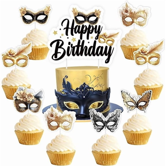 25 Pcs Black Gold Masquerade Birthday Cake Decorations - Masquerade Happy Birthday Cake Topper, Masquerade Cupcake Toppers for Women, Masquerade Mardi Gras Party Supplies