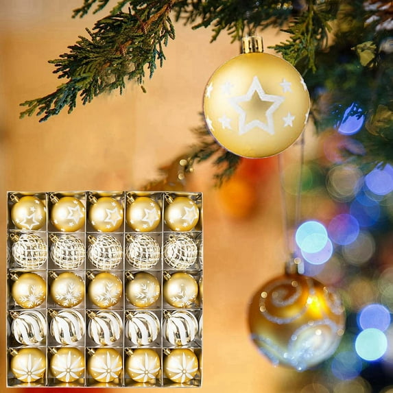 25 Pcs Christmas Ball Ornaments Set, Hand Painted Snowflake Baubles for Xmas Tree Decorations, Shatterproof Plastic Holiday Hanging Ornaments Silver White