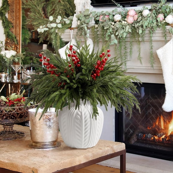 25 Pcs Christmas Norfolk Pine Branches with Red Berry Stems, 19" Extra Long Fake Greenery Norfolk Pine Stems Sprigs, Artificial Xmas Branches Plants Pine Leaves for Craft Garland Home Decor