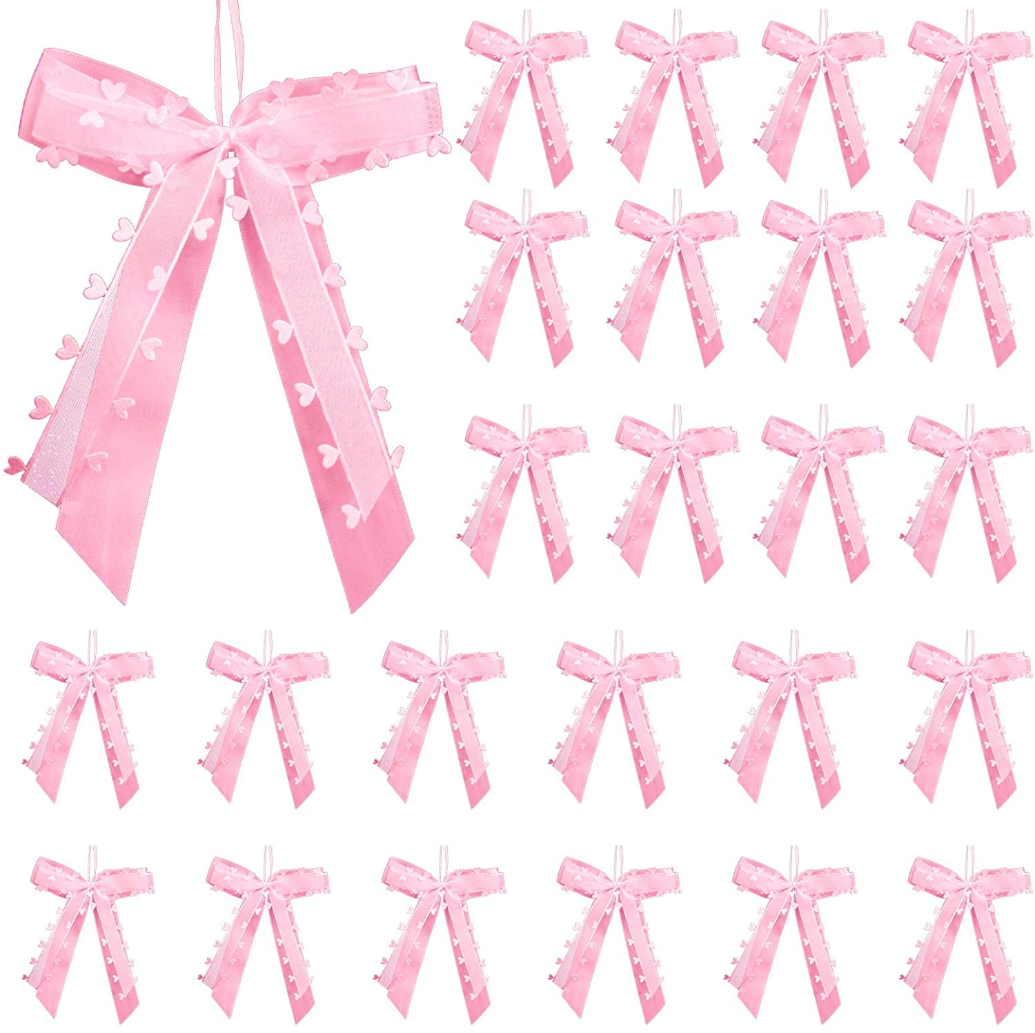 QUINTINA 25 Pcs Christmas Ribbon Bows, Pink Ornaments Ribbon Bow with Heart Christmas Ornaments Ribbon Decorate Christmas Tree for Christmas Party Wedding Gift Birthday Home Bedroom