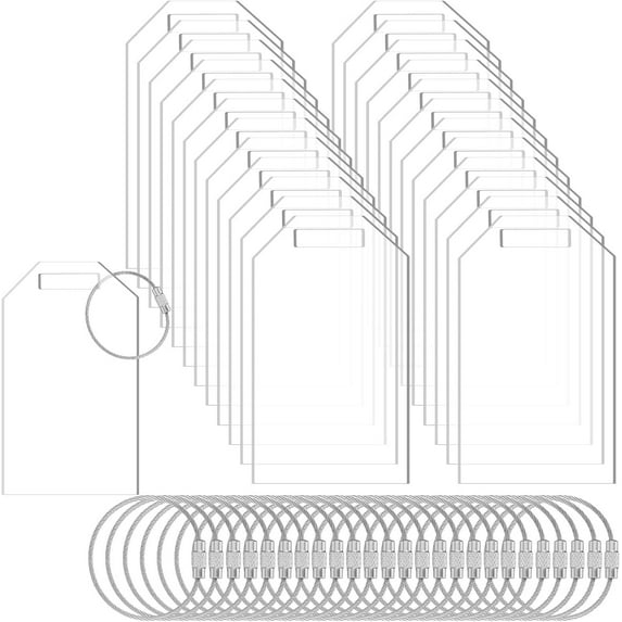 25 Pcs Clear Luggage Tag 3.35 x 1.97 x 0.11 Inches Seating Reserved Tags Blanks Acrylic with Holes and Metal Rope for Guest Keychain Table Wedding