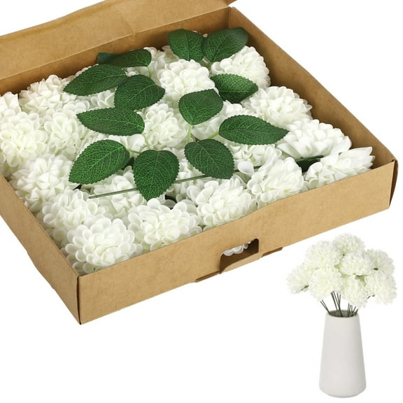 25 Pcs Cream White Artificial Hydrangea Flowers, Foam Flowers Wedding Bouquets, with Stem & Green Leaves, DIY Fake Flowers for Wedding, Home Decor, 11 x 9.8 x 2 in