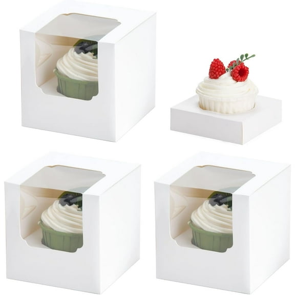 25 Pcs Cupcake Boxes Individual Containers Pre-Assembled Single 3.5"x3.5"x3.5" with Inserts for Cupcakes Muffins Party Favors(White)