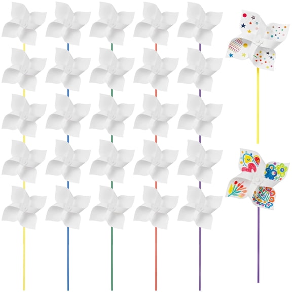 25 Pcs DIY Pinwheels, Blank Color Your Own White Pinwheel Craft Kit, Bulk Four-Leaf Dutch Windmills with 5 Colored Sticks, Paper Garden Decoration for Painting