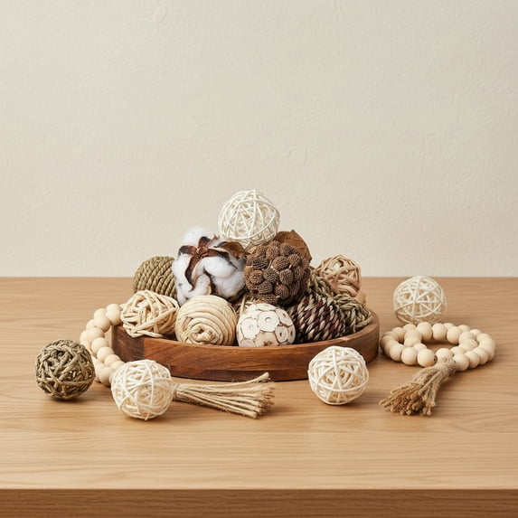 25 Pcs Decorative Balls, Garland Wood Beads Rattan Wicker Balls with Spheres Orbs Filler for Garden Table Vase Bowl Filler Centerpiece (Wood, Wicker Rattan)