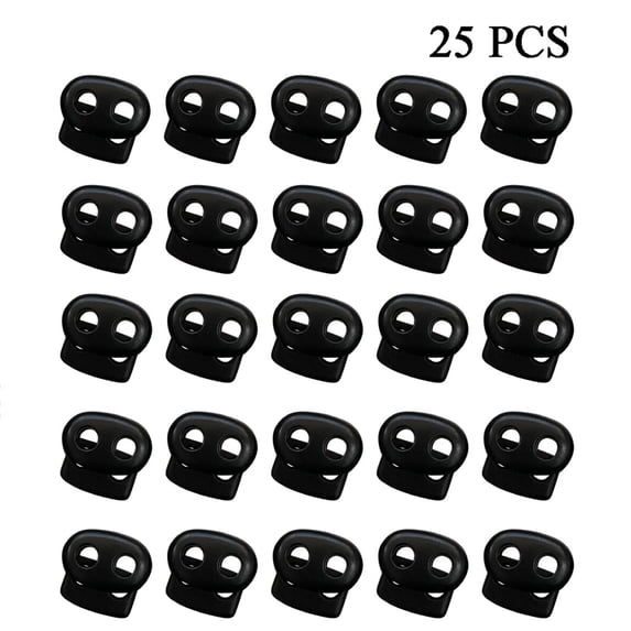 25 Pcs Double Hole Plastic Spring Cord Locks for Drawstring, Paracord Toggle Stopper Clasp Elastic Shoe Lace Tie Lock Sweatpants Hoodie String Clips Bungee Gloves String Cord Lock Replacement, Black