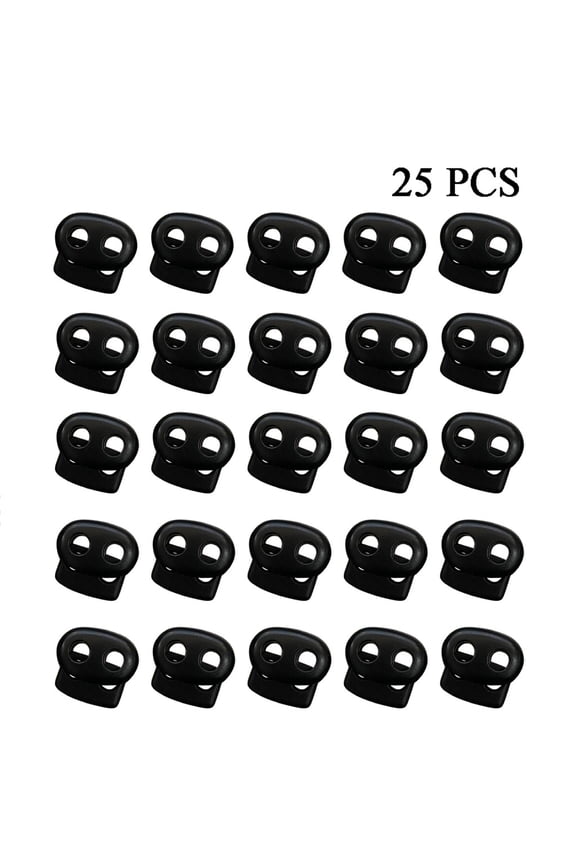25 Pcs Double Hole Plastic Spring Cord Locks for Drawstring, Paracord Toggle Stopper Clasp Elastic Shoe Lace Tie Lock Sweatpants Hoodie String Clips Bungee Gloves String Cord Lock Replacement, Black