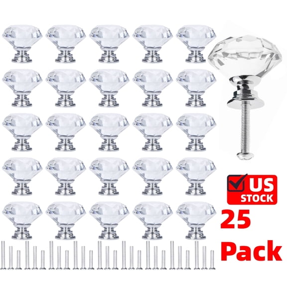25 Pcs Drawer Knobs Diamond Shaped Simulated Crystal Glass, Acrylic Plastic30mm Cabinet Knobs Pull Handles (30 mm,25 mm, 20 mm, 25 Pack, Silver)