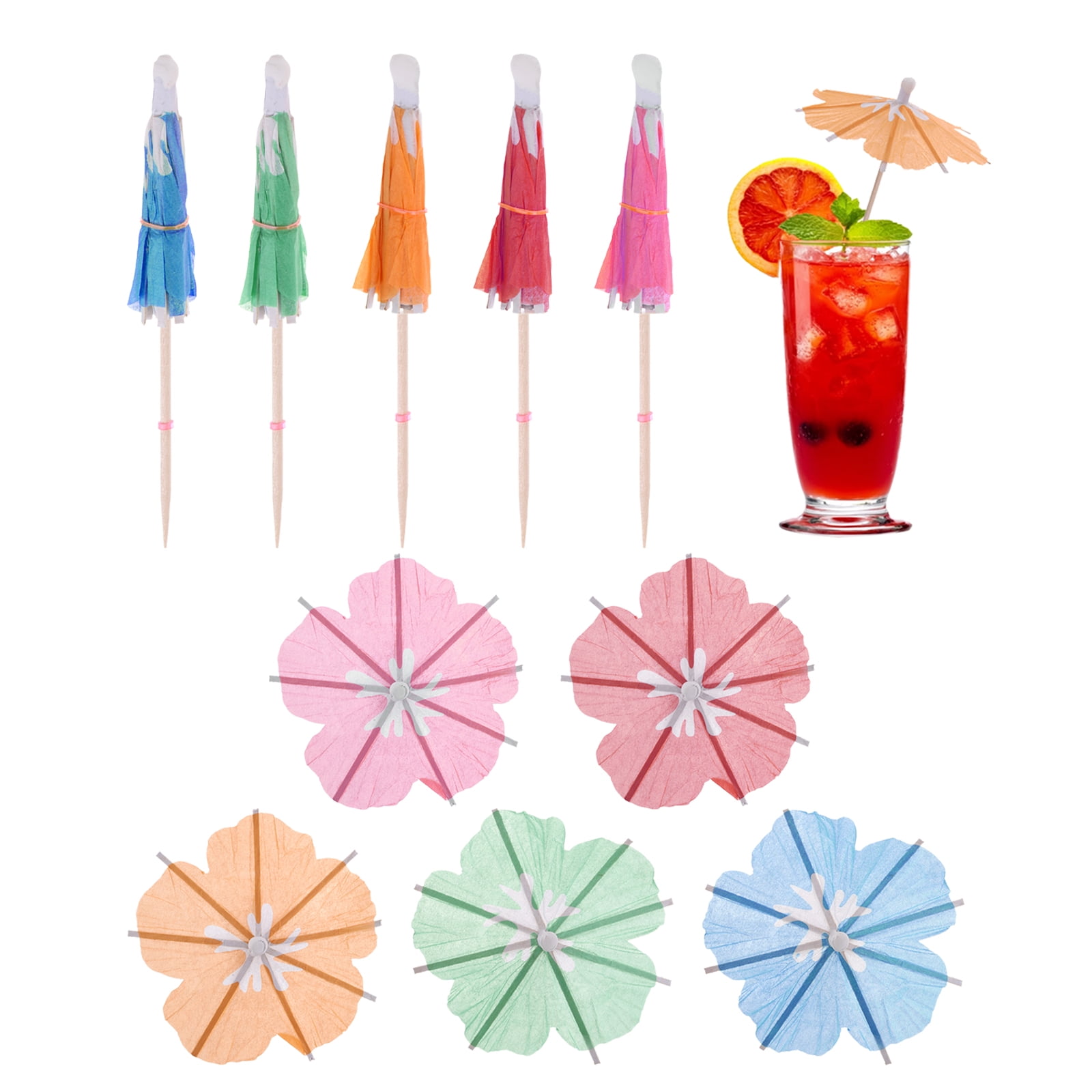50Pcs Drink Umbrellas & Cocktail Picks - Fluorescent Colors, Bamboo Sticks, For Drinks, Cupcakes, Appetizers
