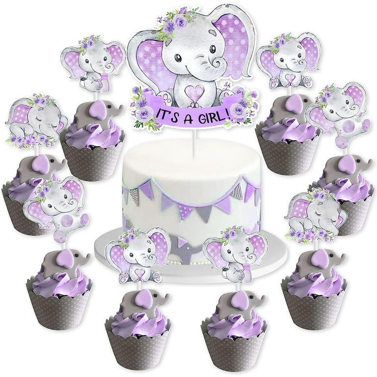 Joymemo Purple Elephant Baby Shower Cake Decorations, It's a Girl