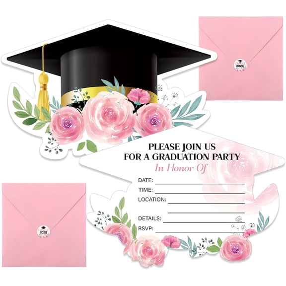 25 Pcs Graduation Party Invitations Set Pink Floral Grad Cap Invitation Cards with Envelopes & Stickers Class of 2026 Graduation Party Supplies for Senior Graduate Celebration 5 x 6 Inch