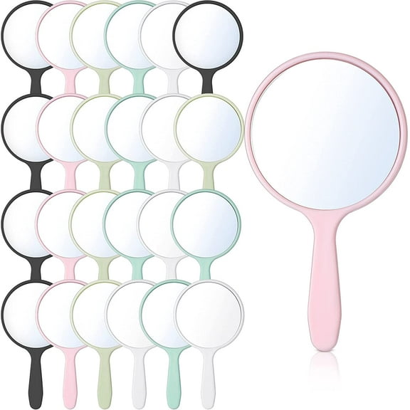 25 Pcs Handheld Mirror with Handle Bulk, 3.94" L x 2.17" W, Small Portable Round Mirror for Kids Travel Makeup Classroom Camping Daily Use (White, Pink, Black, Blue, Green)