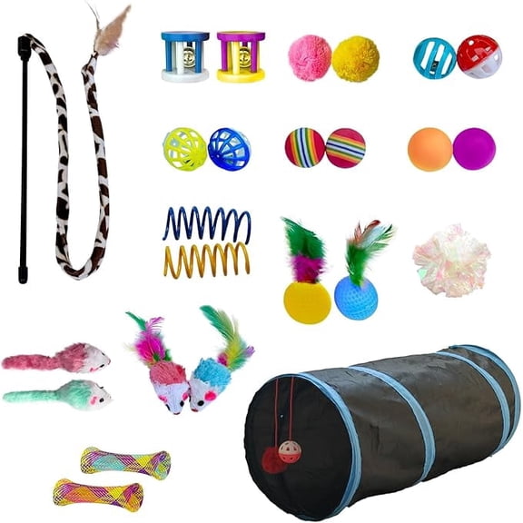 PetLike 25 Pcs Interactive Cat Toys Set- Engaging Tunnel, Teasing Mice, Feather Wand, Spring Toys & Balls - Perfect for Kittens & Adult Cats, Keep Cats Entertained & Active