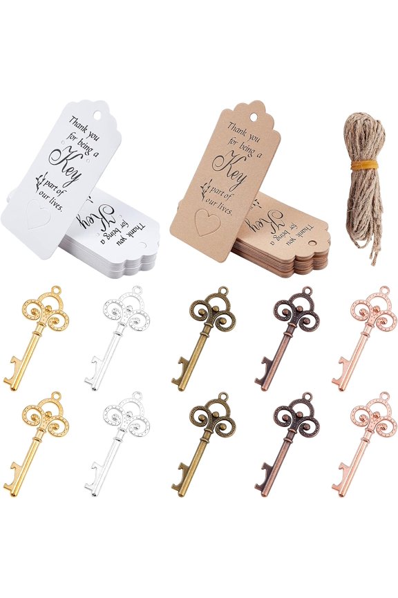 25 Pcs Key Bottle Openers 5 Colors Vintage Alloy Bottle Openers with Display Cards and Rope for Wedding Favors Party Christmas Decoration Key Chain DIY