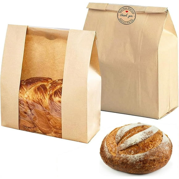 25 Pcs Kraft Paper Bread Bags with Stickers,Large Paper Sourdough Bread Bags,Transluc Bakery Bags with Window,Film-Coated Oil-Proof Surface Bags,Cake Takeaway Packaging Bags