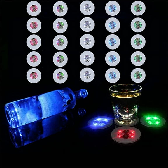 25 Pcs LED Coaster Round Flash Cup Mat Sticker Lights for Wine Liquor , Drinks Party, Bar Party