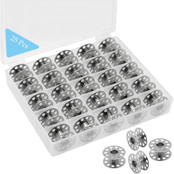 25 Pcs Metal Bobbins for Sewing Machine with Storage Box, A Class 15 Universal Bobbins in Case Compatible with for Brother, Janome, Singer, Bernina, Toyata, Anime, Kenmore, Elna, Babylock