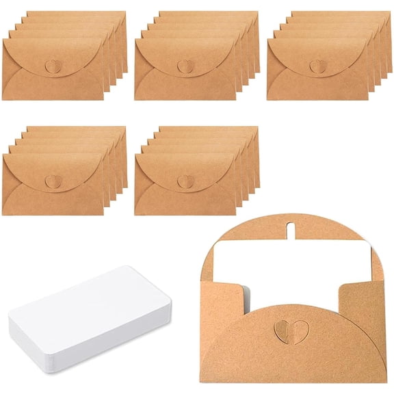 25 Pcs Mini Envelopes with 25 Blank Cards, Vintage Krafts Paper Small Envelopes with Heart Closure for DIY Thank You, Invitation, Birthday Cards