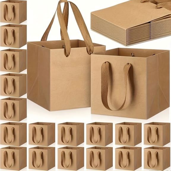 25 Pcs Mini Kraft Paper Gift Bags with Handles, 6 Inch Cube Favor Bags, Small Cardboard Treat Bags for Wedding Birthday Graduation Bridal Shower Party Gift Packaging