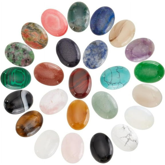 25 Pcs Oval Cabochon Flatback Semi-Precious Gemstones Beads Quartz Chakra Crystal Stone 25x18mm for Bracelet Necklace Earring Pendant Jewelry DIY