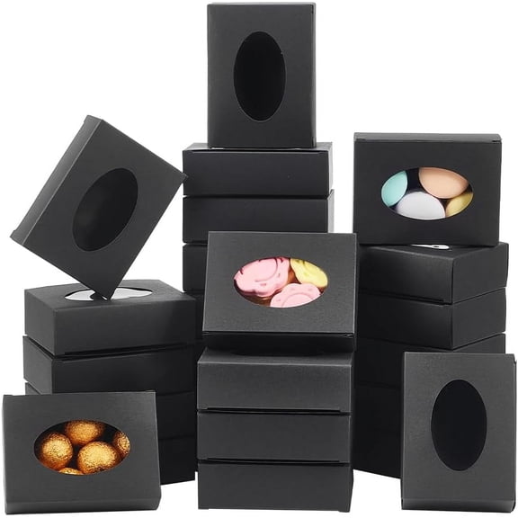 25 Pcs Paper Boxes with Window 3.74x2.76x1.1 Inch Rectangle Folding Paper Boxes Kraft Paper Present Boxes with Oval Visible PVC Window for Wedding Gift Cookies and Jewelry Display Black for DIY