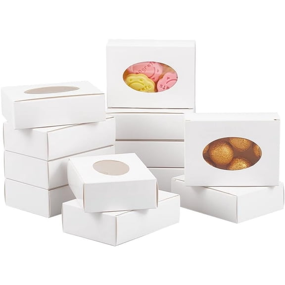 25 Pcs Paper Boxes with Window 3.74x2.76x1.1 Inch Rectangle Folding Paper Boxes Kraft Paper Present Boxes with Oval Visible PVC Window for Wedding Gift Cookies and Jewelry Display White White DIY