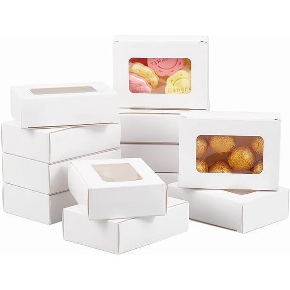 25 Pcs Paper Boxes with Window 3.74x2.76x1.1 Inch Rectangle Folding Paper Boxes Kraft Paper Present Boxes with Rectangle Visible PVC Window for Wedding Gift Cookies and Jewelry Display White
