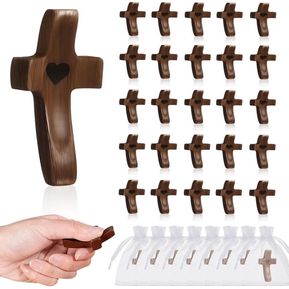 25 Pcs Wooden Holding Cross with Organza Bags, Palm Prayer Cross for Adults, Christian Comfort Cross for Meditation and Anxiety Relief