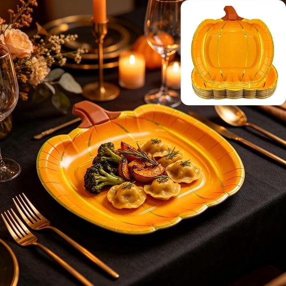 25 Pcs Pumpkin Shaped Paper Plates, Orange Fall Harvest Disposable Dinnerware for 25 Guests, Thanksgiving Halloween Party Supplies