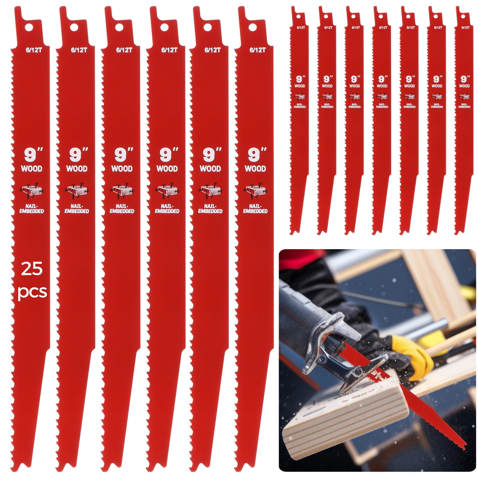 25 Pcs Reciprocating Saw Cutters, 9" 6/12 Tpi Bi-metal Cutting Saw Cutters, Metal Pruner Saw Cutting Tools for Cutting Embedded Wood, Metal, PVC Pallets