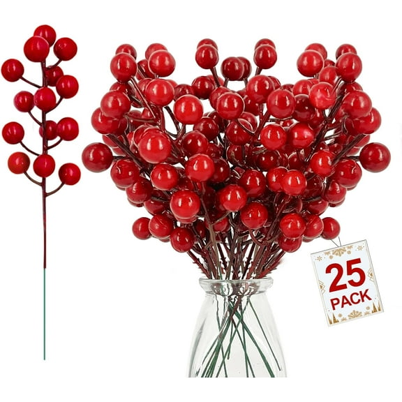 25 Pcs Red Berry Stems, Christmas Picks Sprays for Xmas Tree Decorations, Holly Berry Artificial Fruit for Vase Filler DIYs Wreath Crafts Xmas Ornament Wedding Party Home Decor
