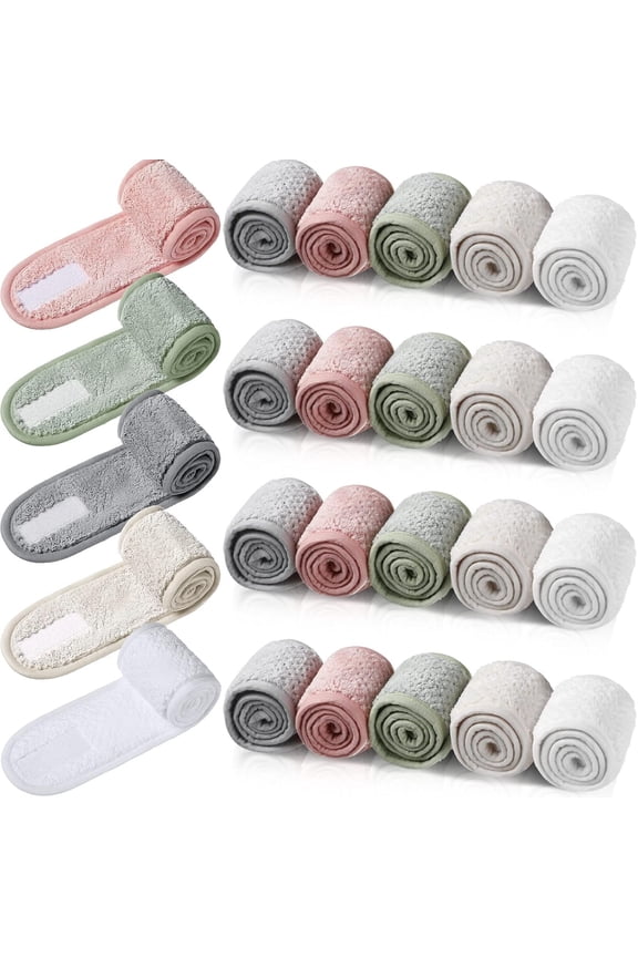 25 Pcs Spa Headbands Bulk Facial Makeup Hair Wrap Bath Shower Adjustable Double Layer Coral Fleece with Hook and Loop (Multicolor)