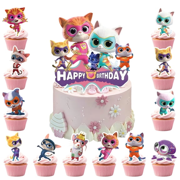 25 Pcs Super Kitten Squad Cake Decorations - 24 Pcs Super Kitten Squad Theme Cupcake Toppers + 1 Pcs Big Birthday Cake Topper for Super Kitten Squad Birthday Party Decorations